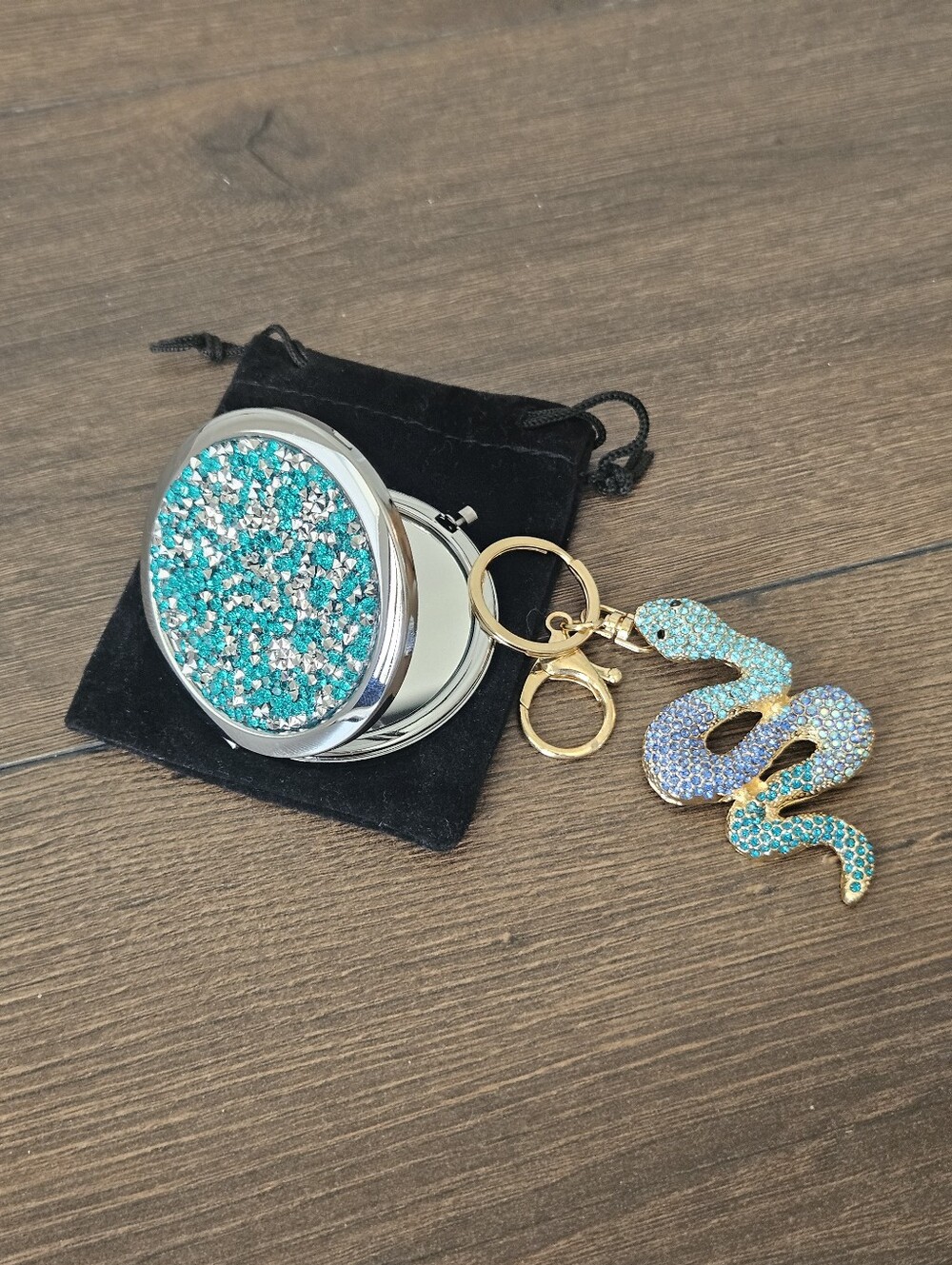NEW Blue Crystal Snake Bag Charm Keychain + Rhinestone Compact Mirror Set